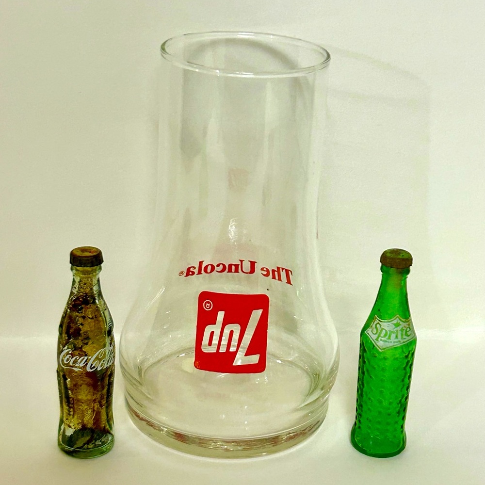 Vintage 3 piece LOT Miniature Coca Cola & Sprite Bottles & 7UP Retro Glass Cup